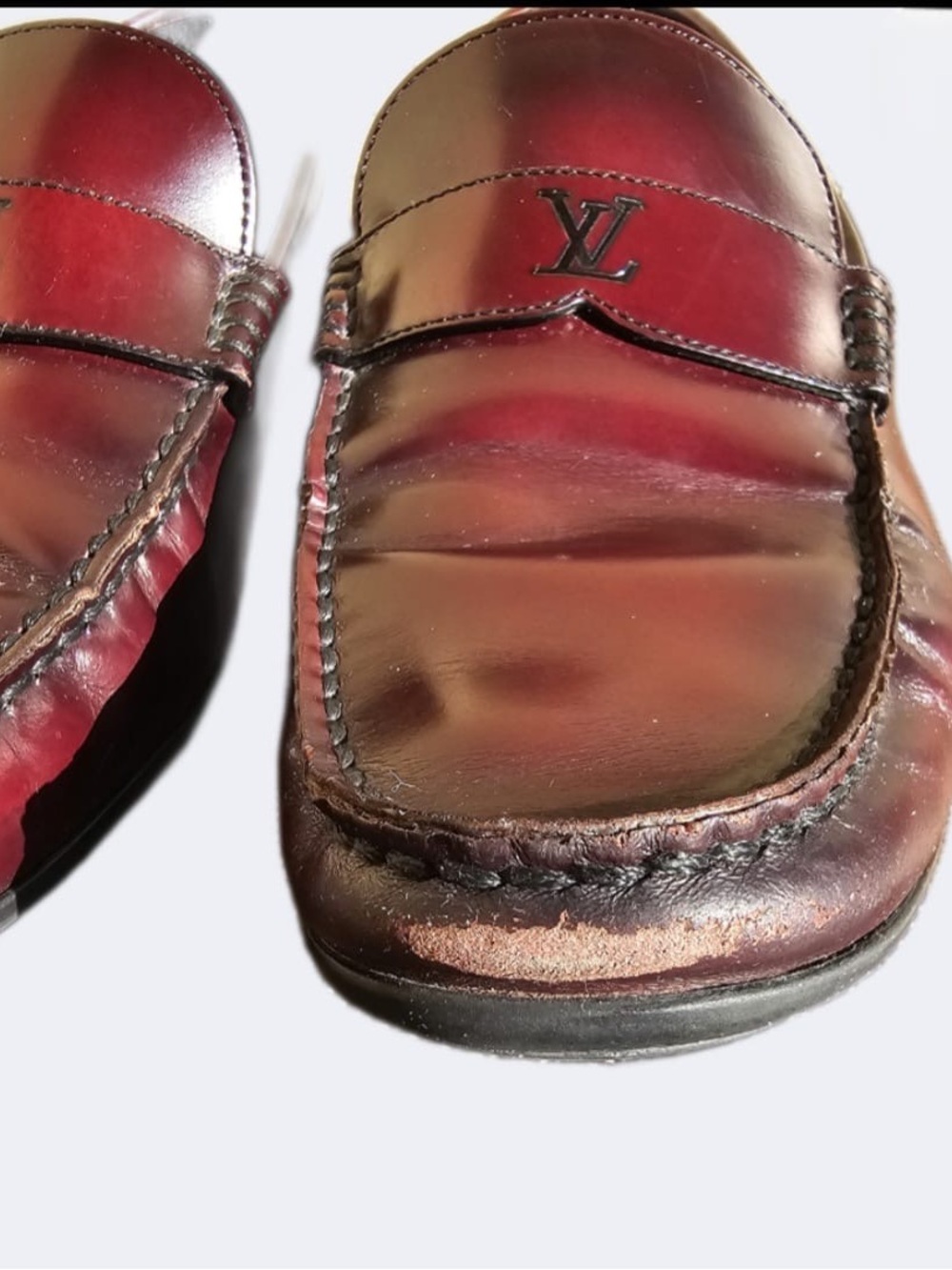 Louis Vuitton Men's Burgundy Leather Penny Loafers with LV Logo - Picture 6 of 10